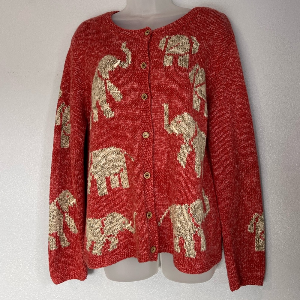 Orvis Size Large Red Elephant Cardigan Sweater Wood Buttons